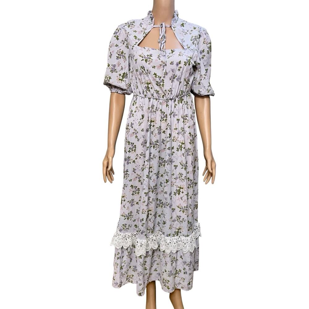 Shein Floral Maxi Dress S/4 Puff Sleeve Tied Neck Cottage Prairie Retro Purple